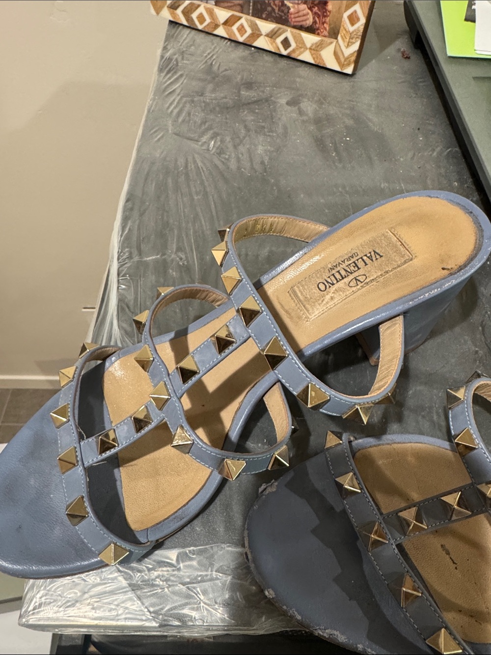 Valentino Light Blue Pyramid Stud Slide Heels 36.5 - Picture 6 of 6